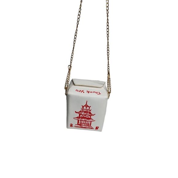 Takeout Box Purse Shoulder Bag Small White Red Gold Tone chain 2 snap closure - Picture 11 of 13